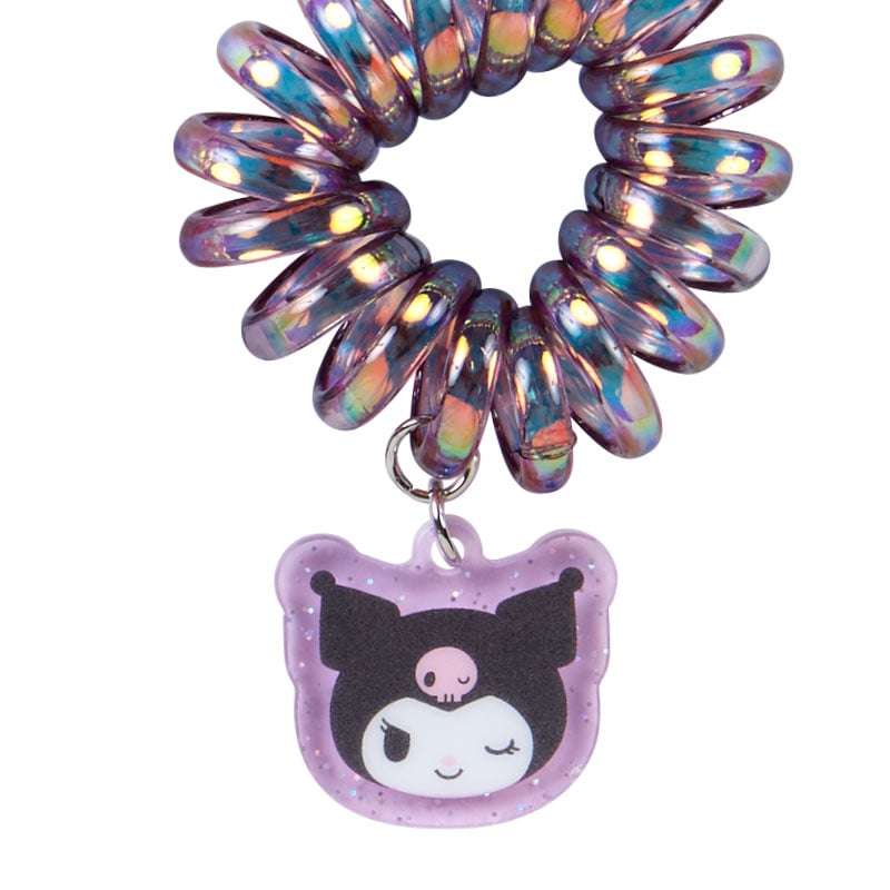 Kuromi spiral hair ties set with iridescent finish and charm, perfect for kawaii hairstyles