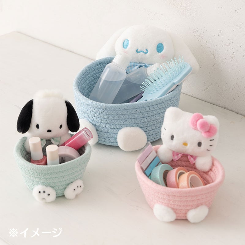 Close-up of the embroidered Sanrio character and fabric woven storage basket