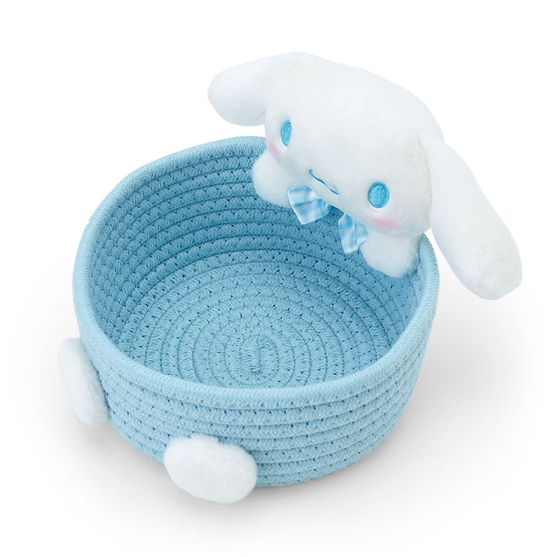 Close-up of the embroidered Sanrio character and fabric woven storage basket