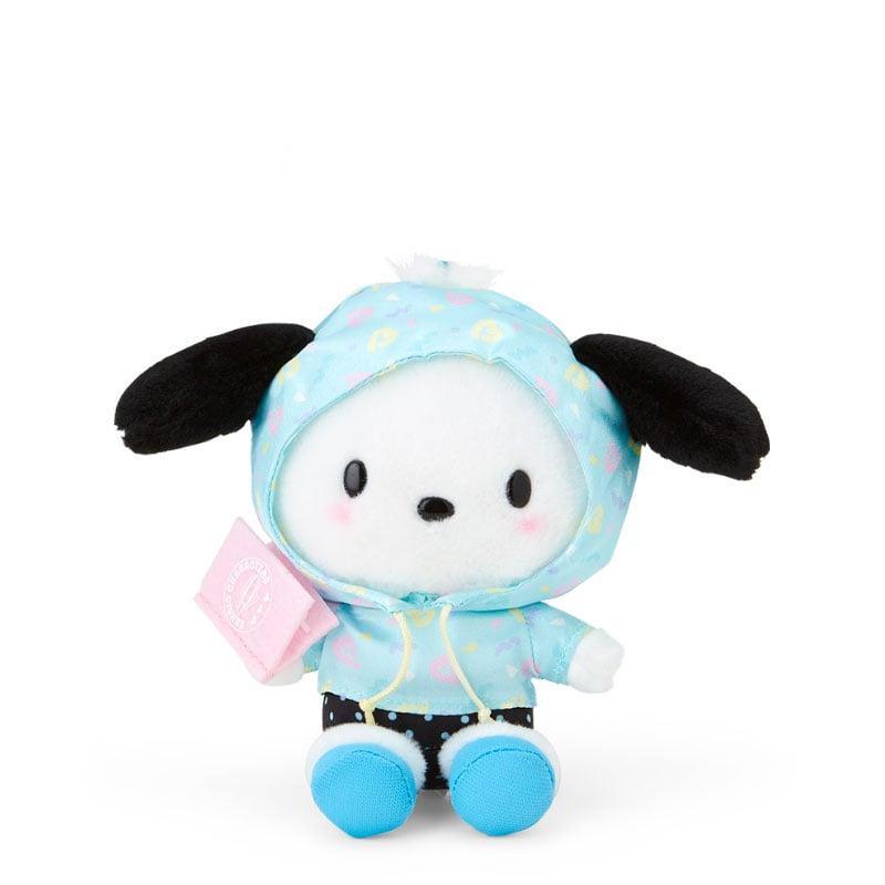 Pochacco Funfair plush keychain attached to a backpack, demonstrating its use as a character keychain