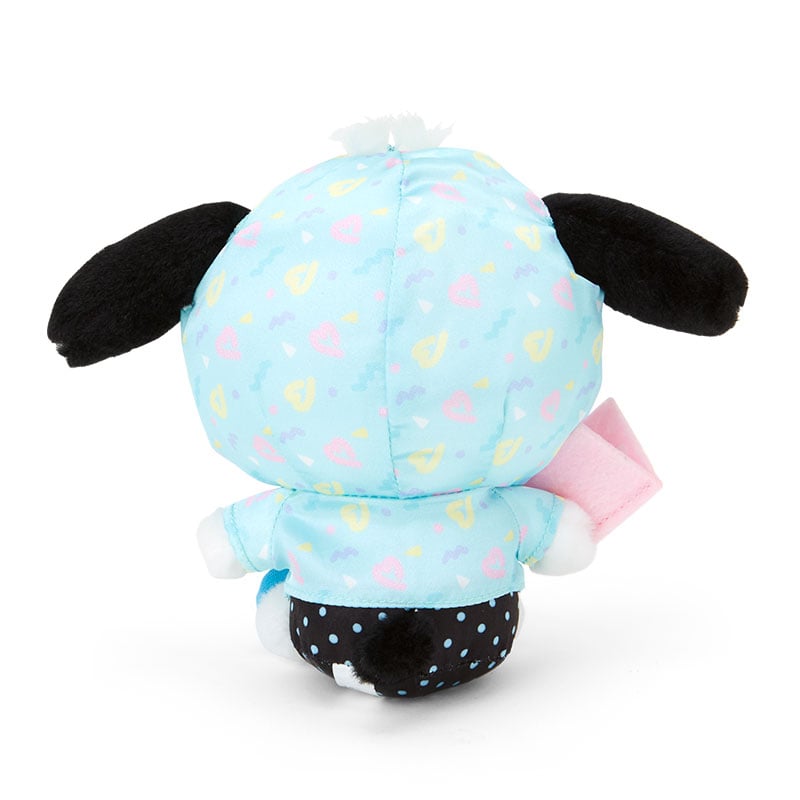 Pochacco Funfair plush keychain close-up, highlighting its embroidered details and hand-painted cheeks