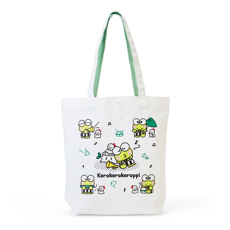 Close-up of the cheerful Keroppi tote bag with colorful handles and artwork