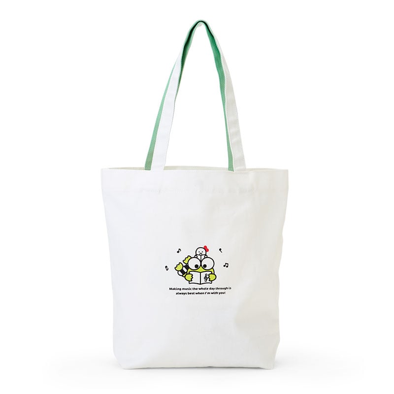Close-up of the cheerful Keroppi tote bag with colorful handles and artwork