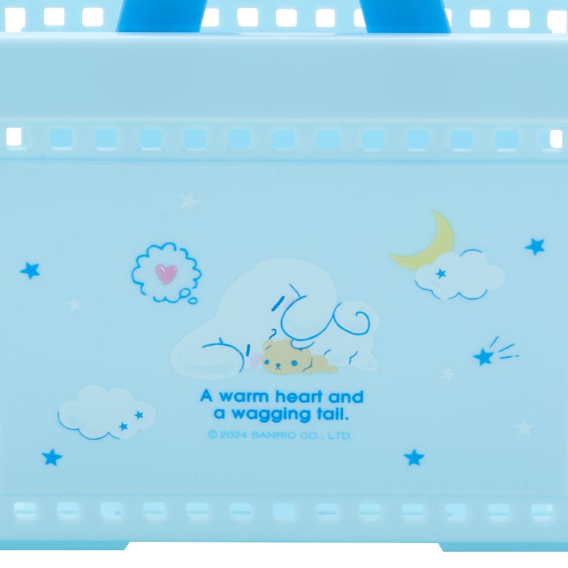 Close-up of the cute Cinnamoroll mini wicker storage basket on a desk