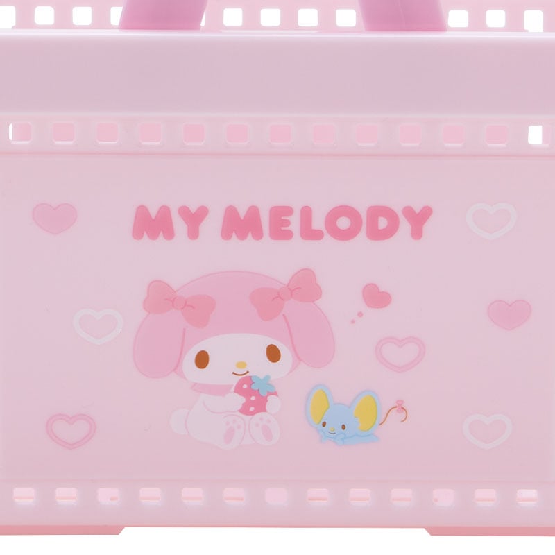 My Melody mini shopping basket with handle, filled with colorful candies