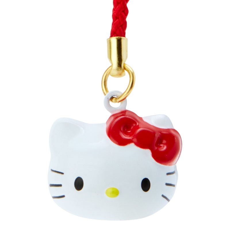 Close-up of Hello Kitty Mini Mascot Bell Charm with strap