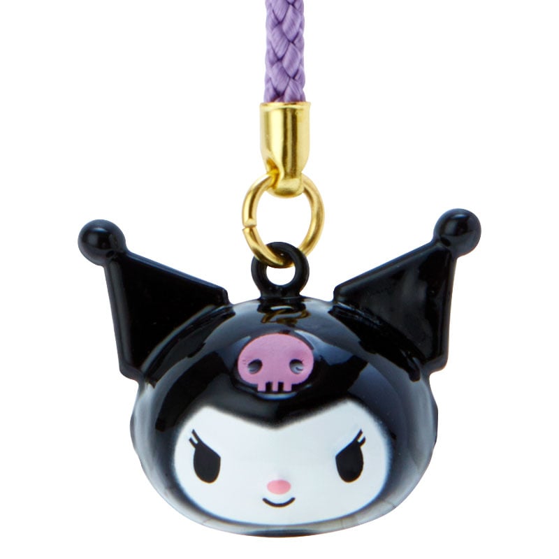 Close-up of Kuromi mini charm with bell on a smartphone.