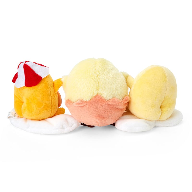 Front view of the 12-inch Gudetama plush featuring colorful appliques