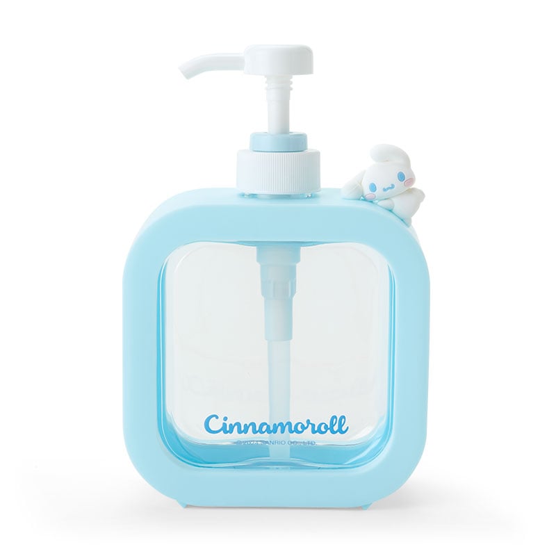 Cinnamoroll Sanrio soap dispenser on a bathroom counter, filled with hand soap.