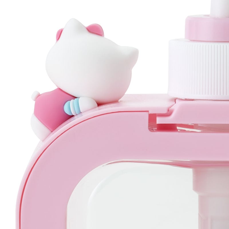 Front view of Hello Kitty mascot soap dispenser with clear bottle in bathroom setting