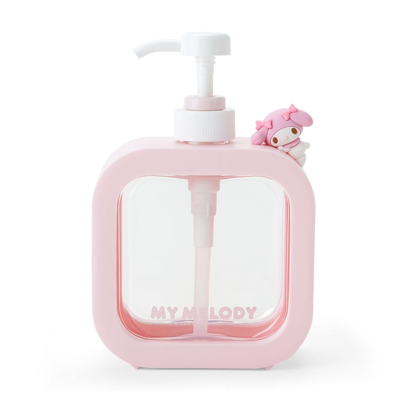 Side view of My Melody bathroom soap pump on white marble counter