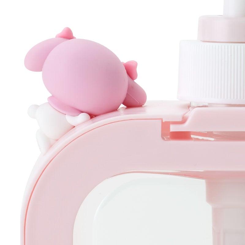 Side view of My Melody bathroom soap pump on white marble counter
