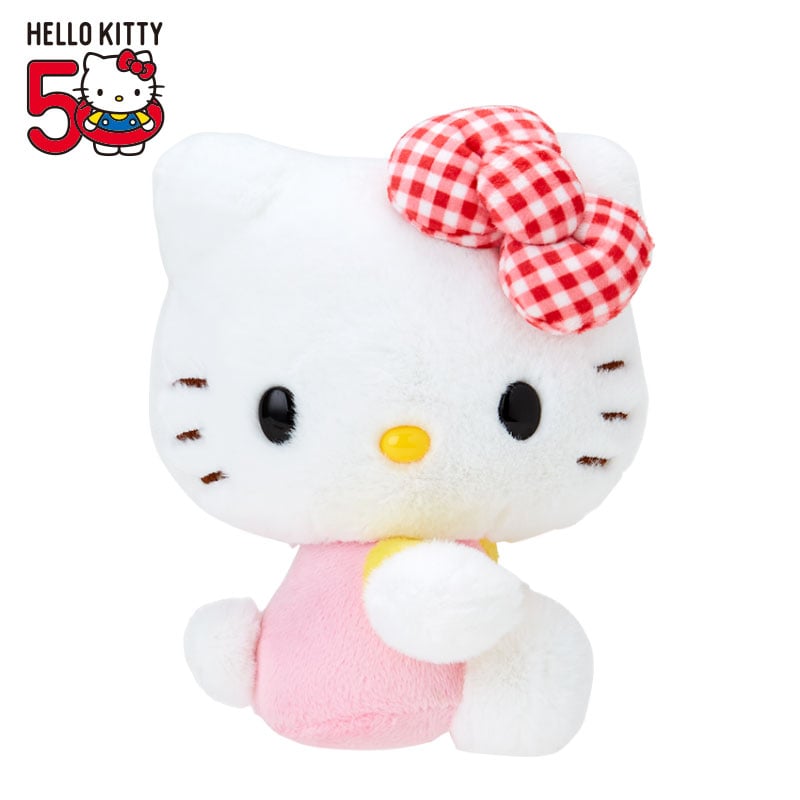 Hello Kitty 50th anniversary plush mascot with red gingham bow, front view