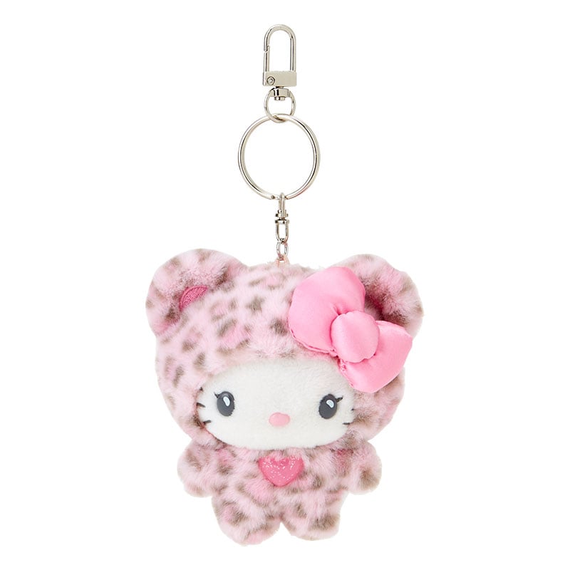 Close-up of the Hello Kitty plush keychain showcasing the leopard print and heart charm.