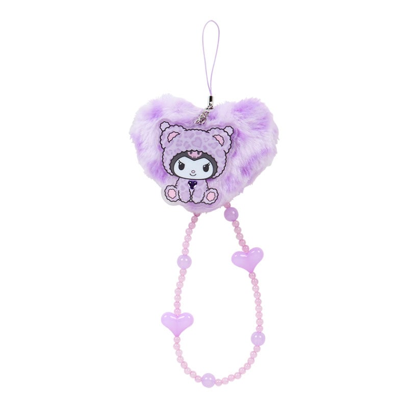 Close-up of Kuromi leopard print smartphone charm hanging from a phone case