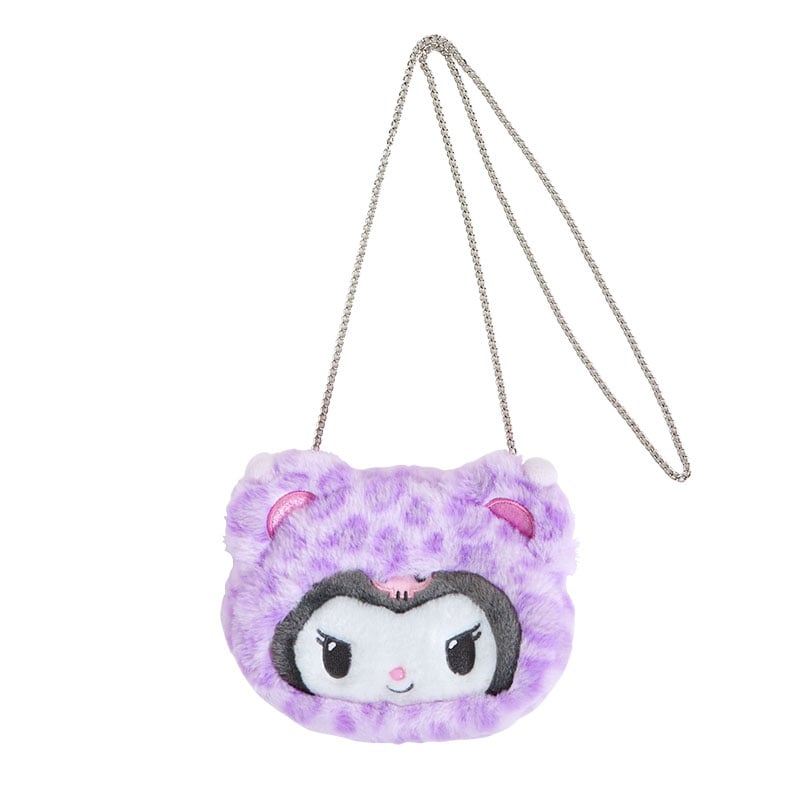 Kuromi plush crossbody bag with leopard print and plush bag charm, styled for casual wear
