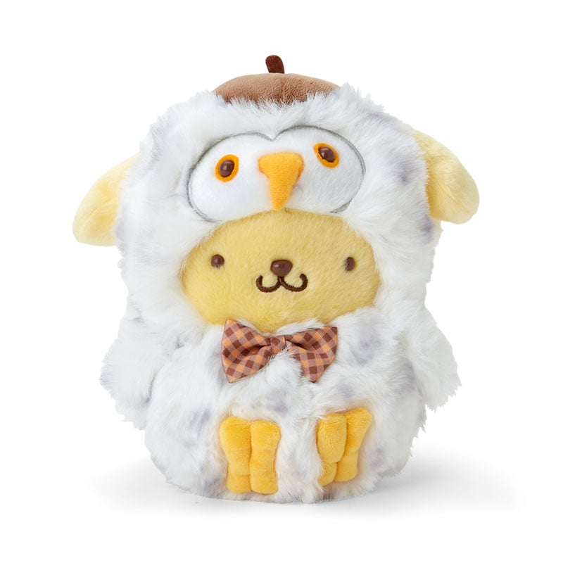 A big Pompompurin plush toy with a gingham bowtie and fauna-themed outfit, perfect for cuddling.
