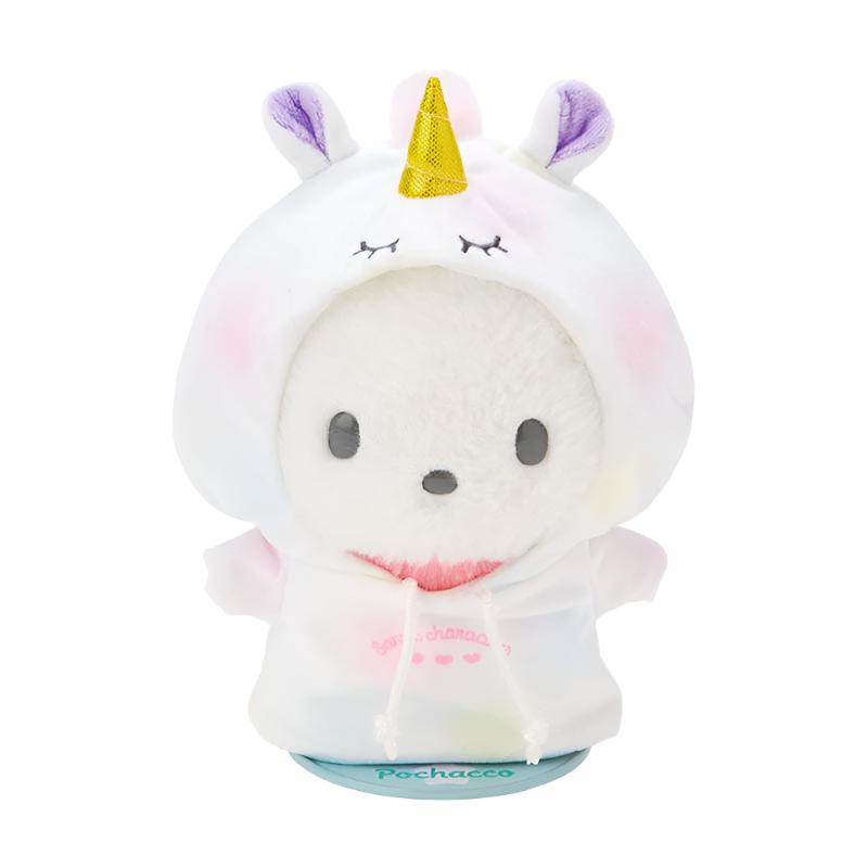 Sanrio Pitatto Friends doll wearing the plush unicorn hoodie, perfect for photoshoots