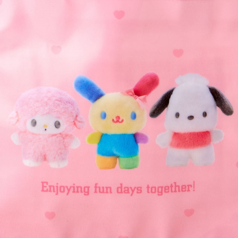 Front view of Hello Kitty mini tote bag with Sanrio friends print
