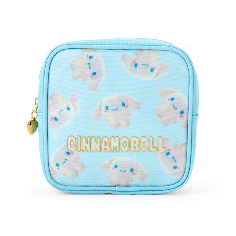 Front view of the Cinnamoroll Hello Kitty mini pouch showing heart zipper charm.