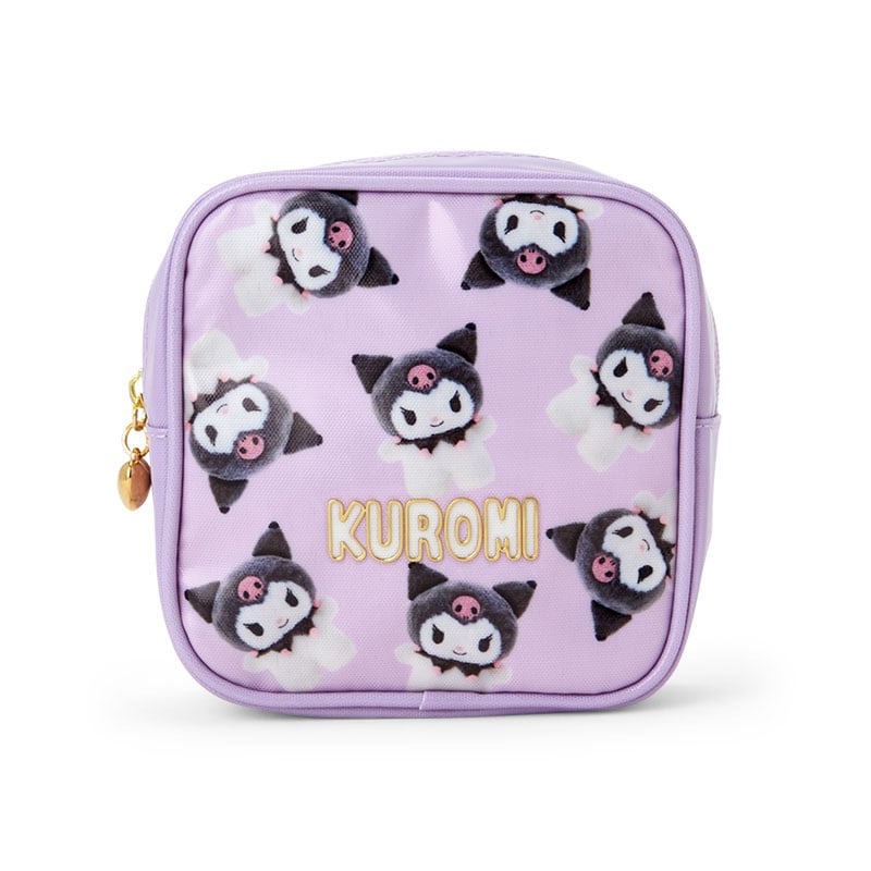 Kuromi mini zipper pouch open, showing interior pockets and Sanrio print