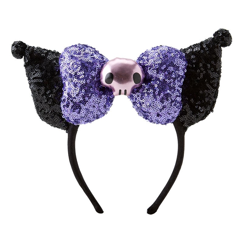 Close-up of sequined accessories on Kuromi headband wig, showcasing sparkle and detail