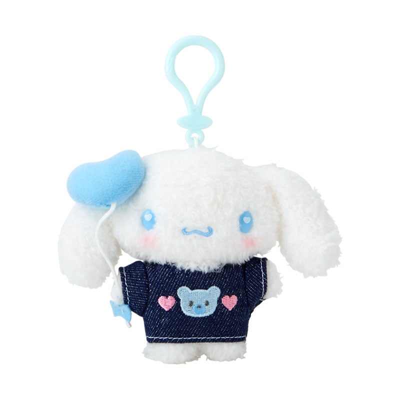 Close-up of Cinnamoroll keychain with embroidered denim patch