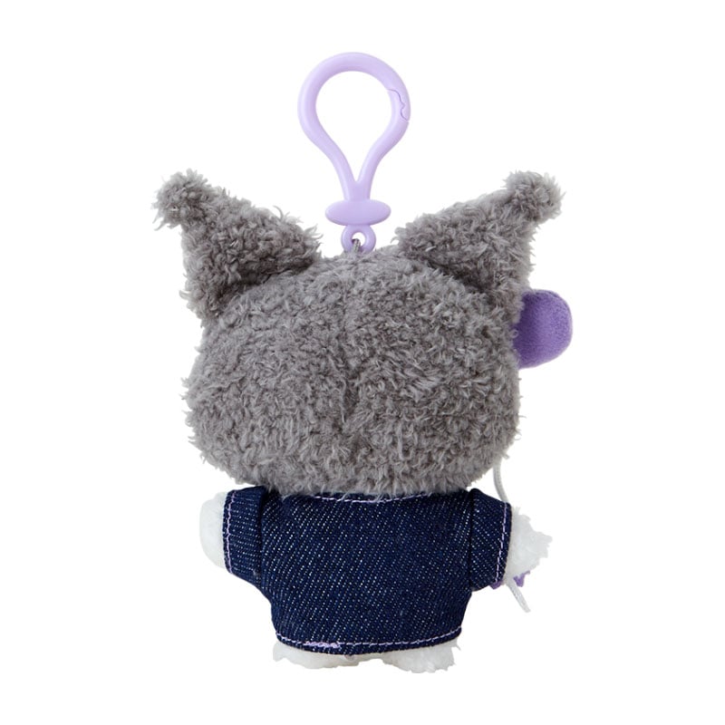 Kuromi keychain with contrast stitching and chenille textures, hanging from a bag