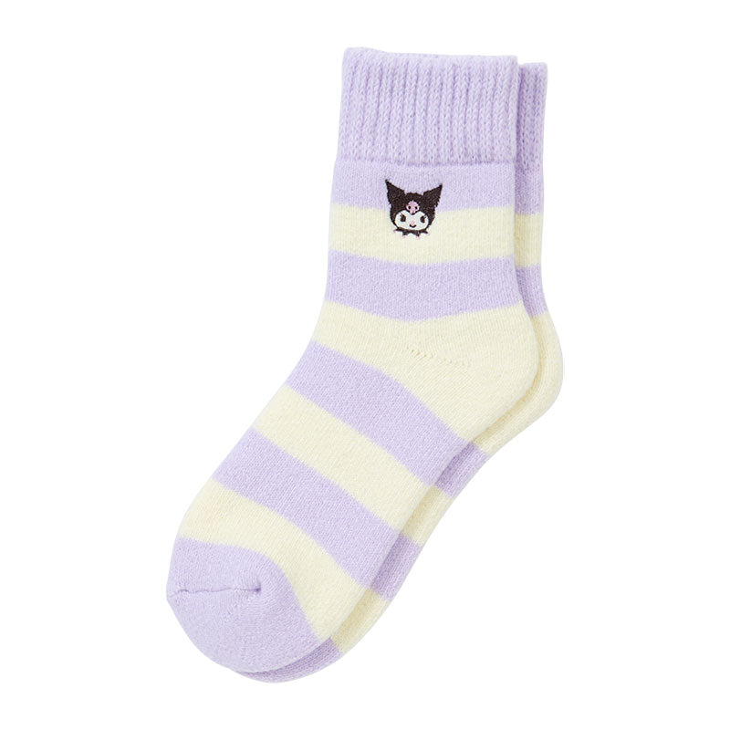 Pair of Kuromi striped lounge socks with bold black and white stripes and embroidered details