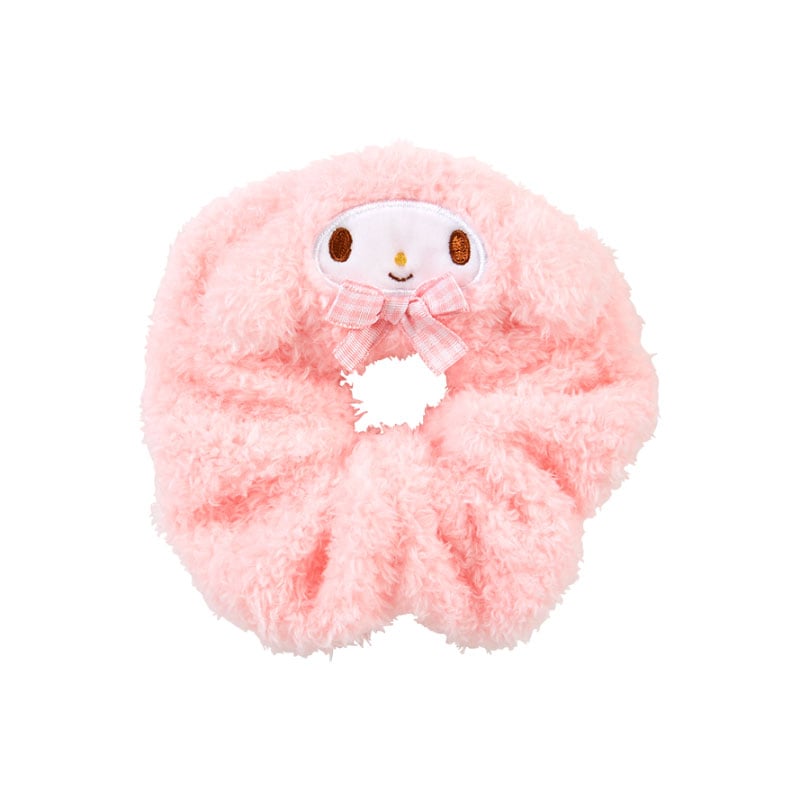 Sanrio My Melody plush scrunchie with gingham bow worn as a hair accessory