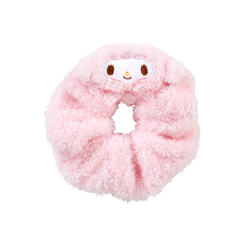 Soft pink silk scrunchie with Hello Kitty embroidery and a red gingham bow.