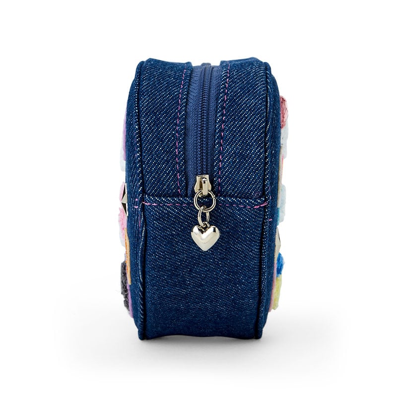 Front view of Sanrio denim pouch with embroidered patches