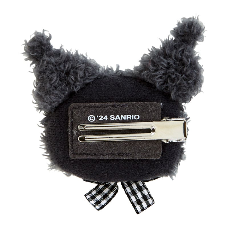 Kuromi hair clip styled in a loose ponytail, showcasing its fuzzy texture