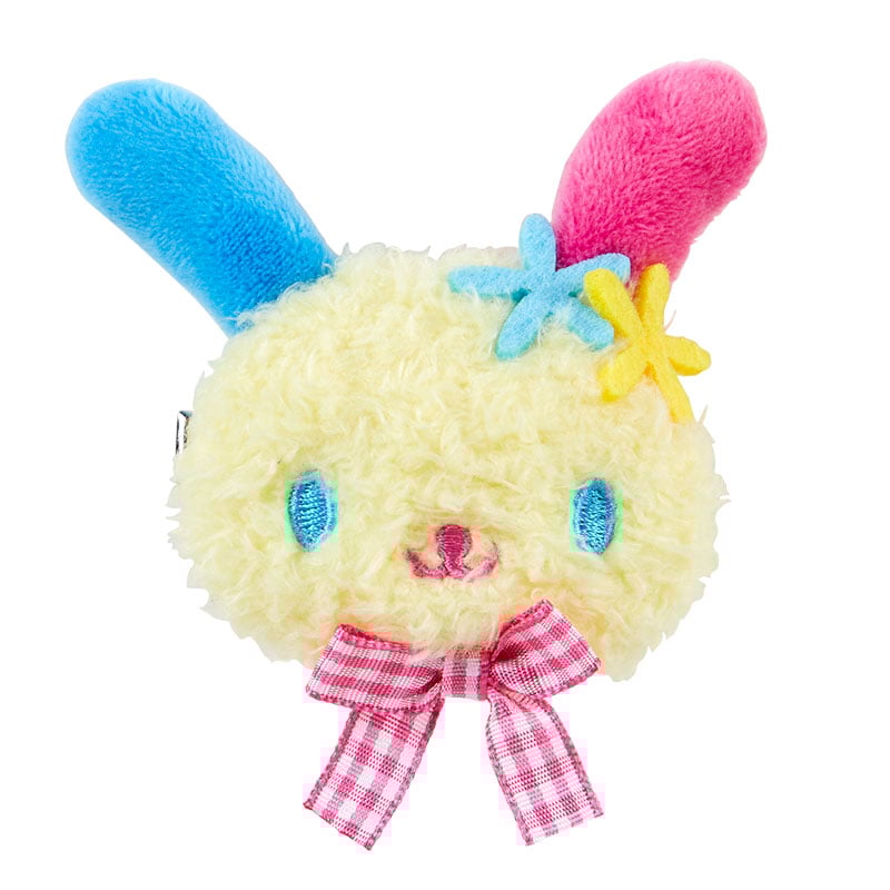 Side view of plush Usahana butterfly hair clip with gingham ribbon in a low ponytail.