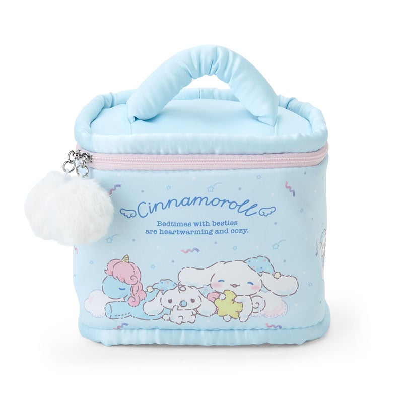 Cinnamoroll toiletry bag open, showing internal pockets and printed lining