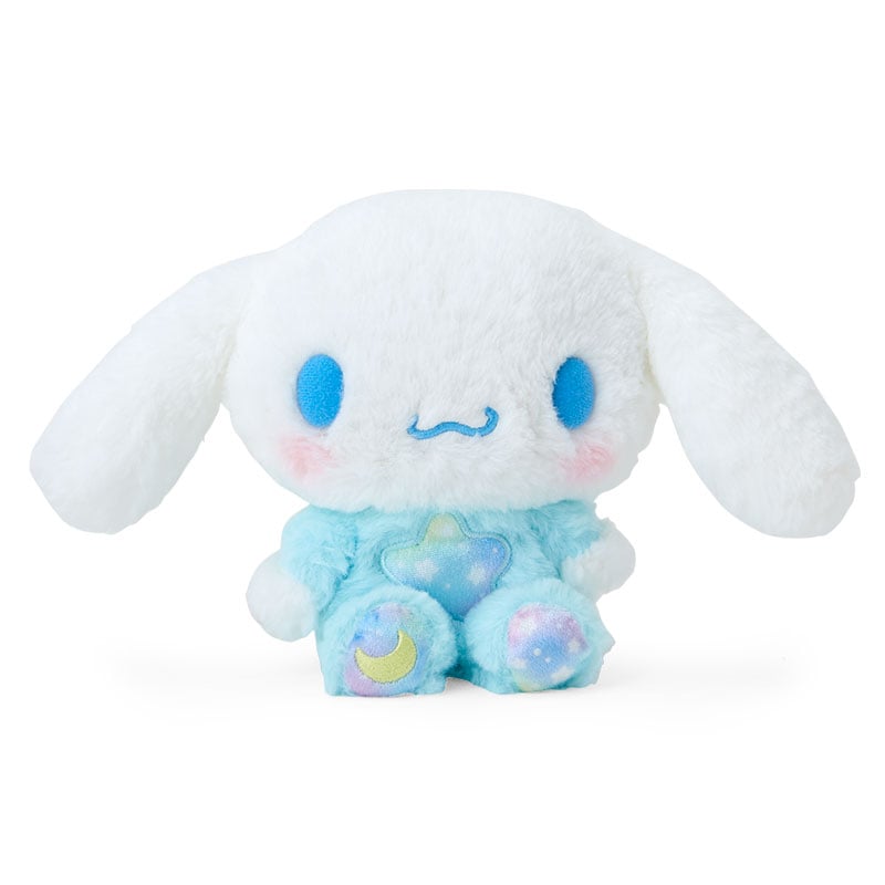 Front view of Cinnamoroll plush toy in pastel pajamas