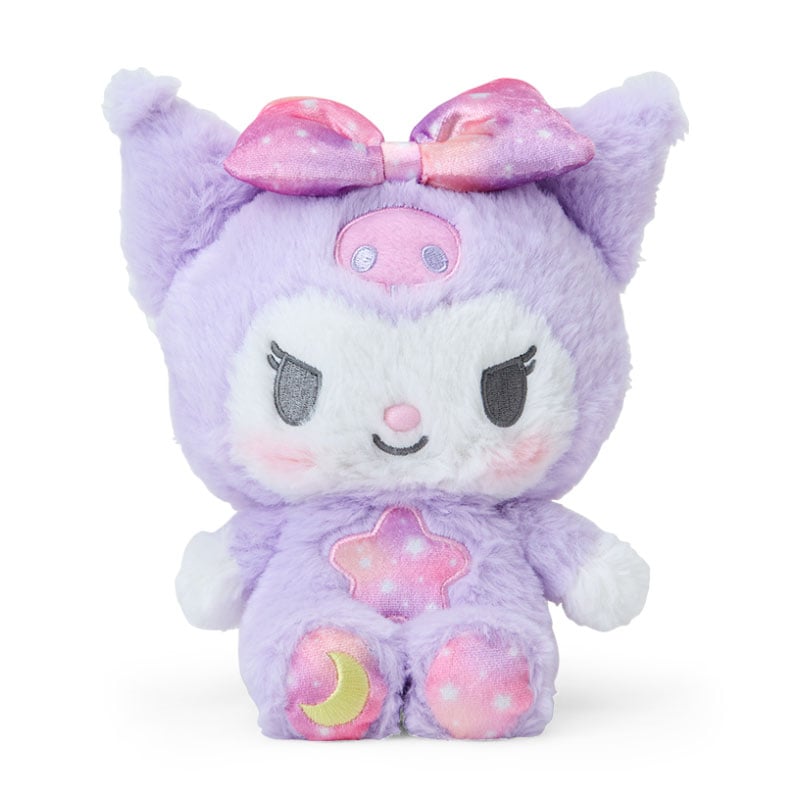 Kuromi plush toy in celestial pajamas with moon and star patch.
