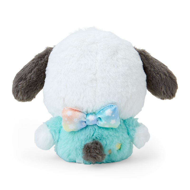 Pochacco Sanrio plush displayed against a pastel blue background