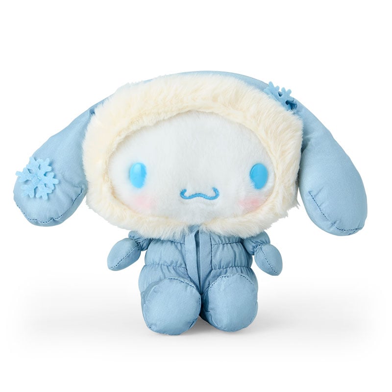Cinnamoroll plush in pastel snowsuit, great for winter play.