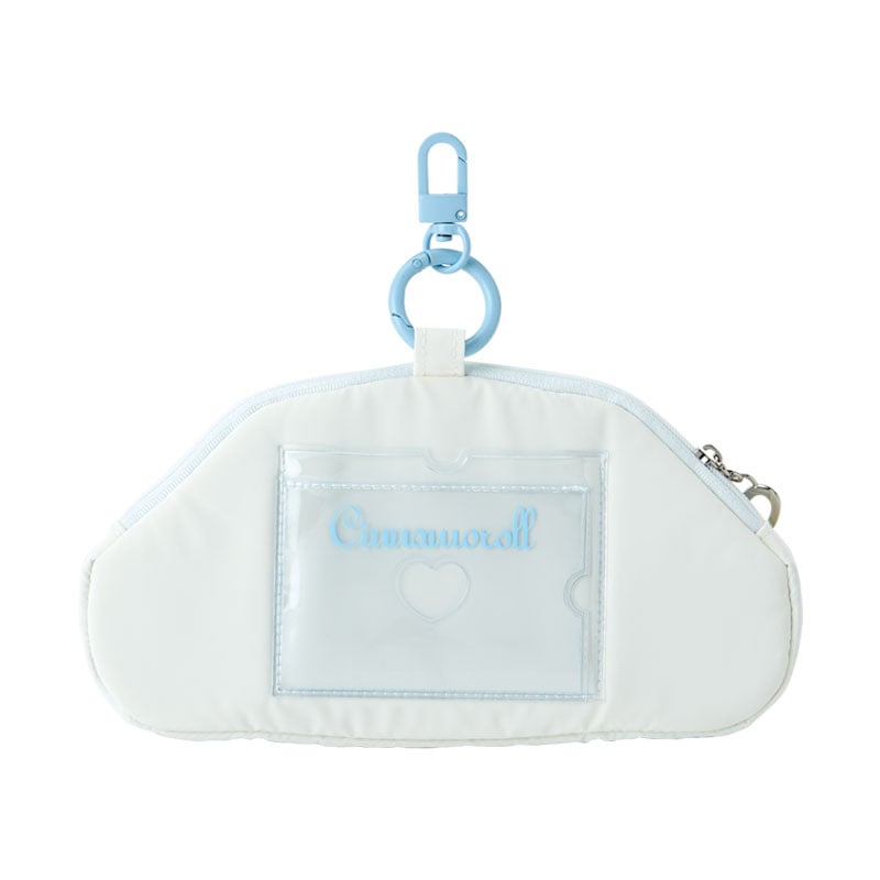 Cinnamoroll Winter Snowsuit Mini ID Pouch attached to a bag, demonstrating its use as a Sanrio accessory.