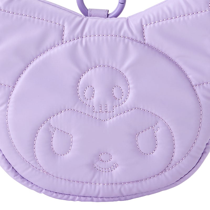 Front view of Kuromi pouch showing quilted details and ID badge slot.
