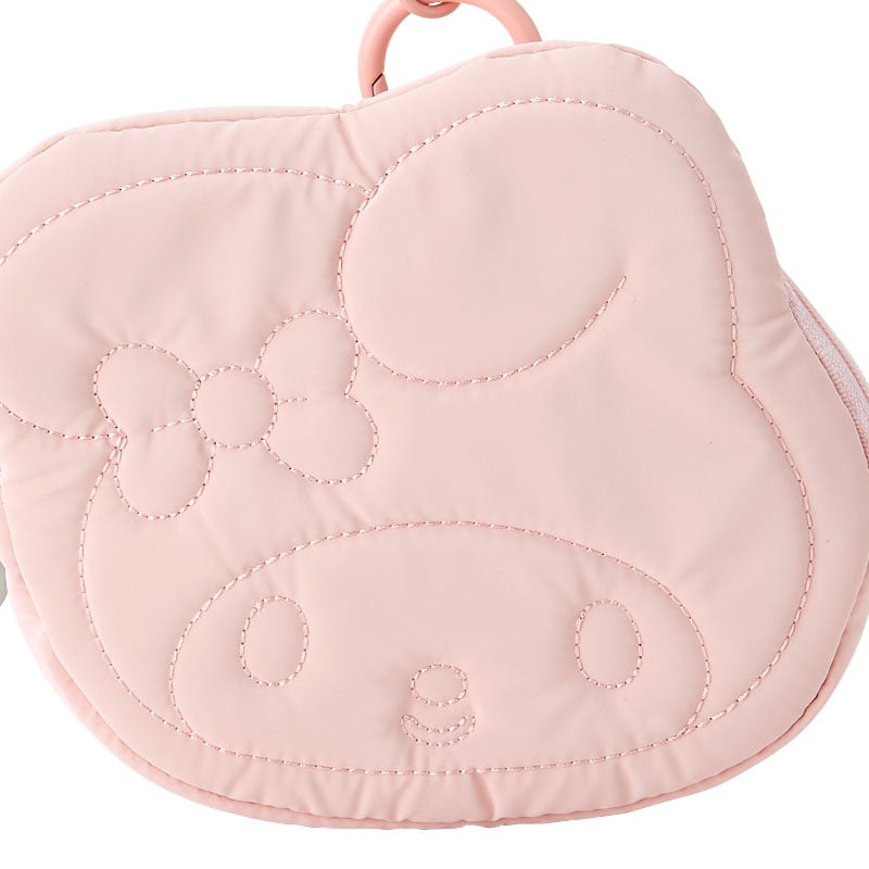 Close-up of My Melody Mini ID Pouch showing heart zipper pull and ID slot.