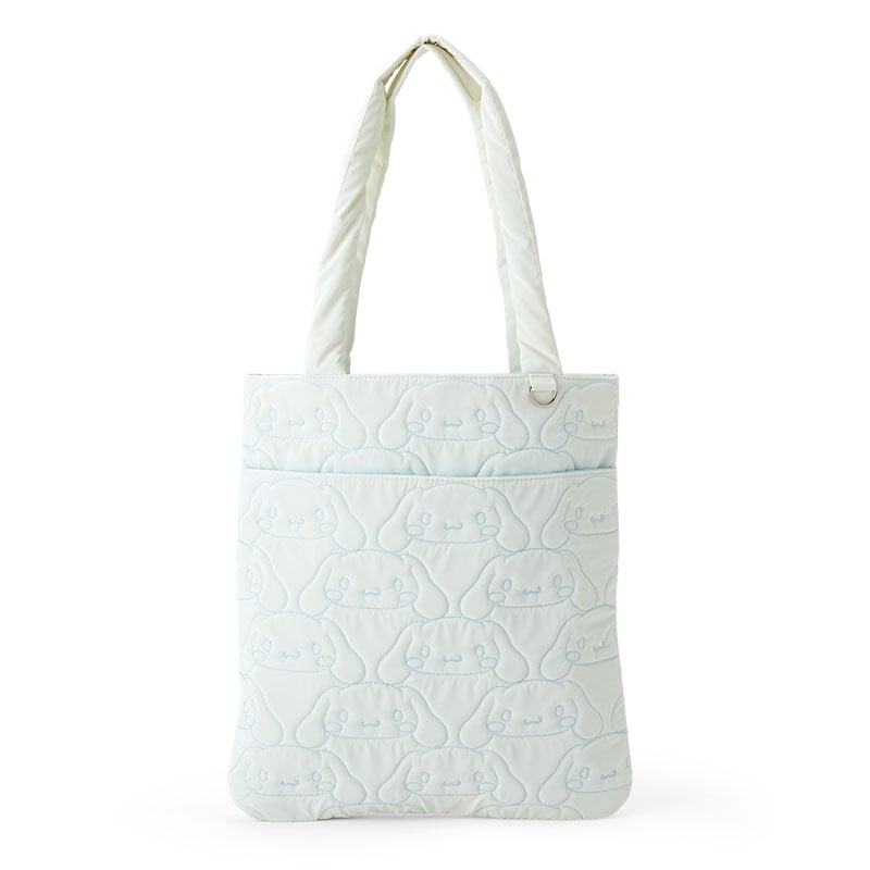 Front view of Cinnamoroll tote bag showcasing plush hood and pastel snowsuit design