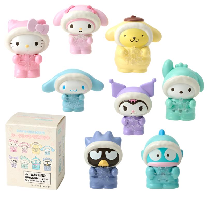 Sanrio character mini figurine in winter snowsuit with snowflake, front view