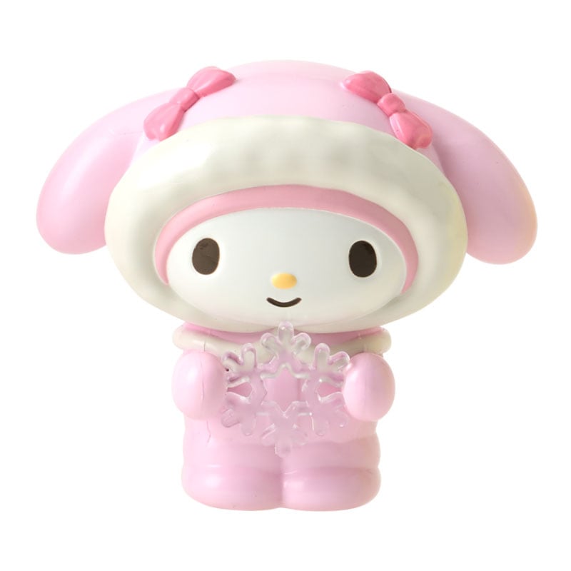 Close-up of plush Sanrio mascot in pastel winter attire, side angle