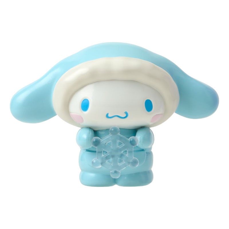 Sanrio character mini figurine in winter snowsuit with snowflake, front view