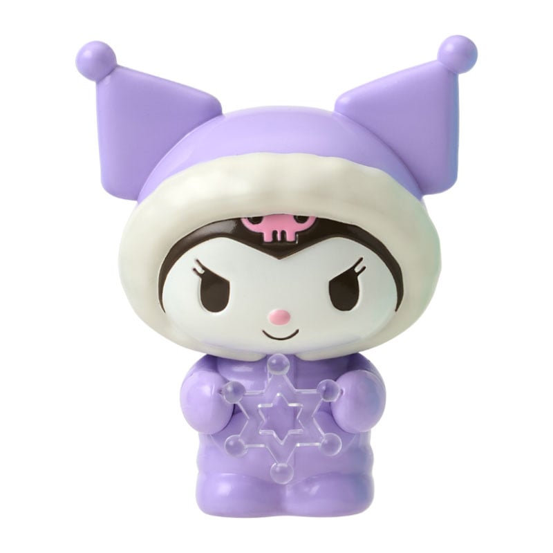 Sanrio character mini figurine in winter snowsuit with snowflake, front view