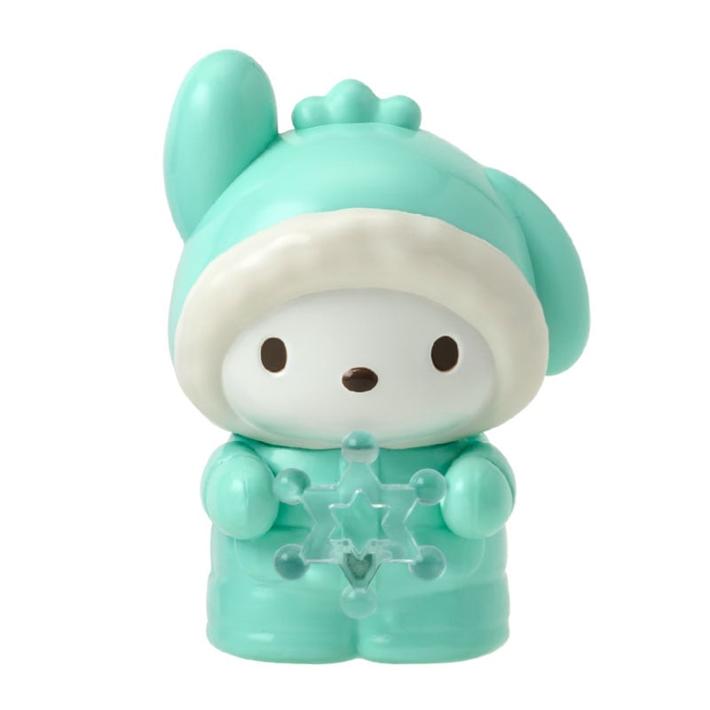 Collection of Sanrio mini figurines with snow-themed outfits, display shot