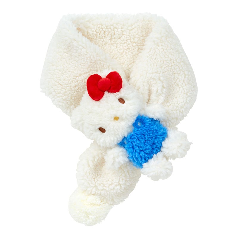 Hello Kitty sherpa scarf wrapped around a child's neck, showcasing its soft and cozy texture.