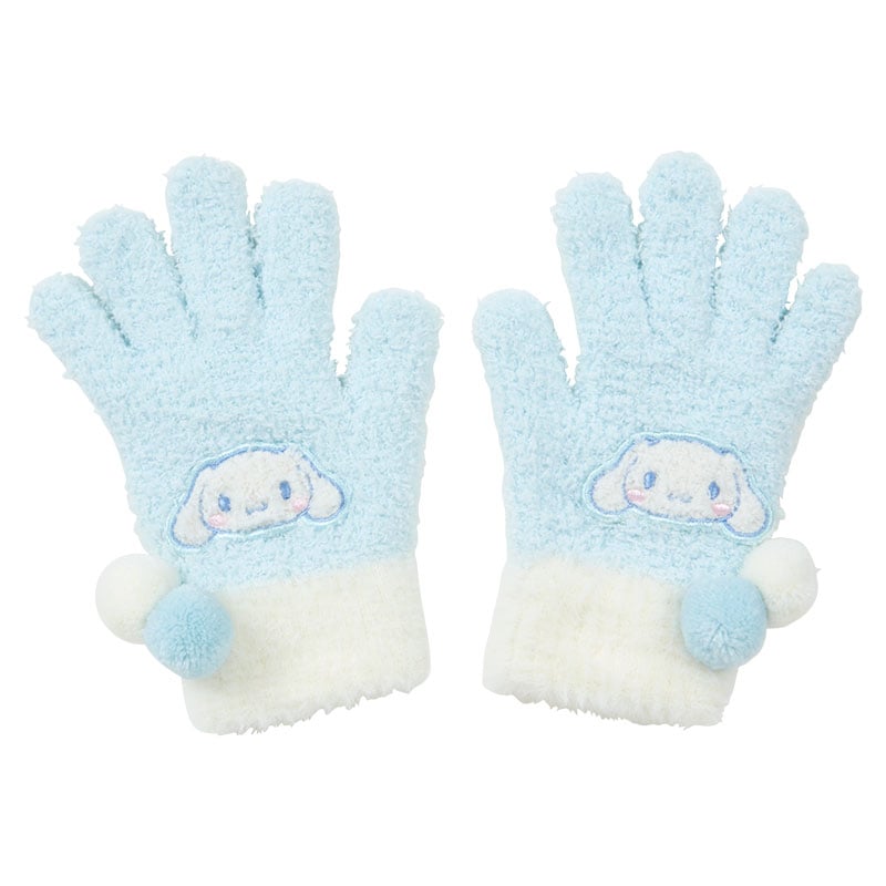 Cinnamoroll kids gloves stretched on small hands, showcasing soft material.